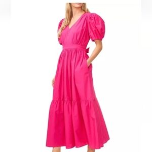 CeCe Hot Pink Maxi Dress, Puff Sleeves, V-neck, Inside Pockets, elastic waist XS